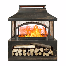 37 Inch Rectangular Metal Outdoor Wood Burning Fireplace - Outdoor Fireplace With Built-in Log Storage & Brush Stick For Log Burner Fire Pit In P