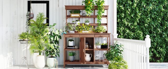 TOPMAX 66" Large Outdoor Farmhouse Wooden Potting Bench Table, Garden Workstation with 2 Drawers, Cabinet and Open Shelves for Backyard, Mudroom