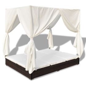 Patio Lounge Bed with Curtains Poly Rattan Brown