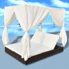 Patio Lounge Bed with Curtains Poly Rattan Brown