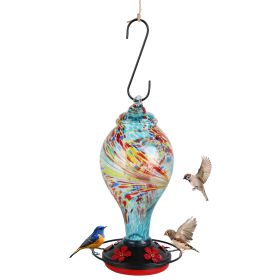 1Pc Glass Hummingbird Feeder 33OZ Hand Blown Hummingbird Feeder With 5 Flower Feeding Port Perch Ant Moat Hanging Hook S Hook Hemp Rope Cleaning (Color: Blue)