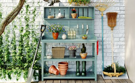 TOPMAX 65" Large Wooden Farmhouse Rustic Outdoor Potting Bench Table, Patio Workstation, Garden Potting Bench with 4 Storage Shelves and Side Hoo (Color: as Pic)