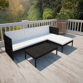 3 Piece Patio Lounge Set with Cushions Poly Rattan Black (Color: Black)