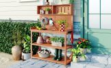TOPMAX 65" Large Wooden Farmhouse Rustic Outdoor Potting Bench Table, Patio Workstation, Garden Potting Bench with 4 Storage Shelves and Side Hook